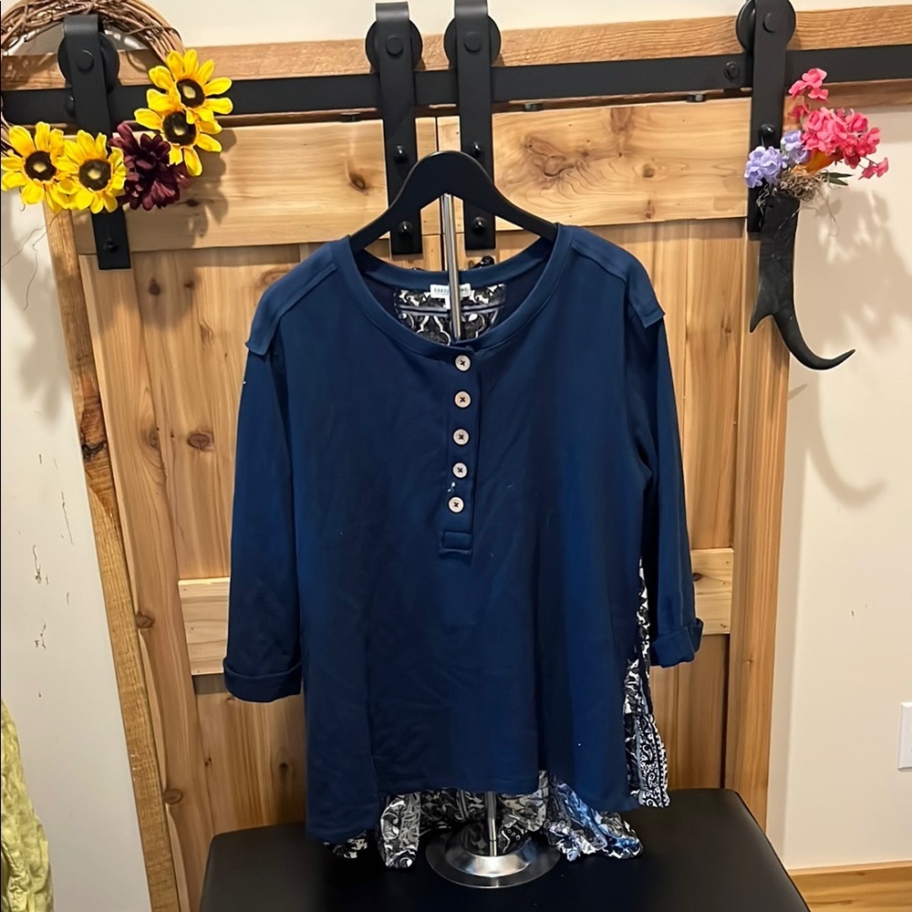 EARTHBOUND Blue Long Sleeve Top with Button Detail and Longer Patterned Back